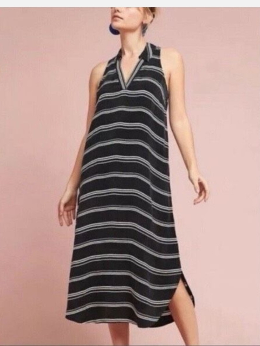 Sleeveless Black and White Striped Midi Dress Silky Feal